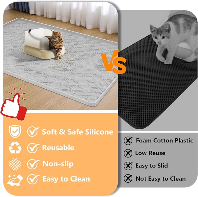 Silicone Cat Litter Mat, 42" x 29" Extra Large Litter Trapping Mat for Litter Box, Leak-Proof, Non-Slip, Kitty Litter Mats with Soft Texture for Floor, Keeping The Floor Clean (Light Grey)
