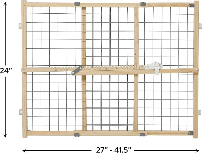 New World Wire Mesh Pet Safety Gate, Dog Gate Expands to 41.5 Inches Wide, 24 Inches Tall, No Damage to Walls, Natural Wood and Powder Coated Wire