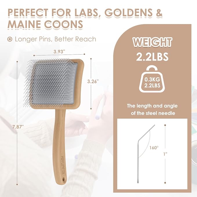 Dog Slicker Brush for Goldendoodles & Poodles - 3-in-1 Dematting Kit with Long Pin Slicker Brush & Dematting Comb - Deep Grooming Tool for Long Haired, Curly Coats, Wooden Handle, Natural