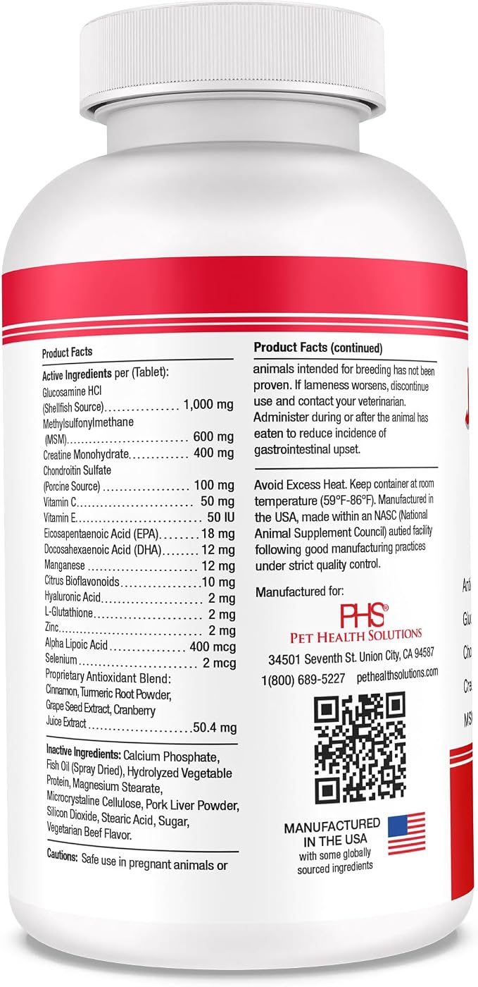 PHS Joint MAX Triple Strength (TS) Chewable Tablets for Dogs - Glucosamine, Chondroitin, MSM - Vitamins, and Antioxidants - Hip and Joint Pain Relief and Support Supplement - Made in USA - 120 Tablets