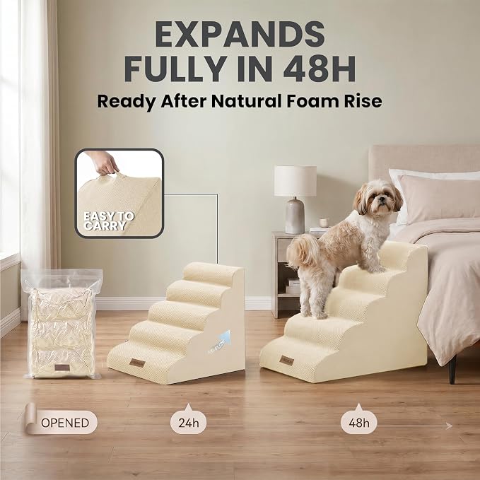 Dog Stairs for High Beds, Extra Tall 24.5" 5-Step Pet Steps for Medium & Small Dogs, Foam Ramp for Tall Couch & Bed, Washable Cover - Dog Steps for Bed