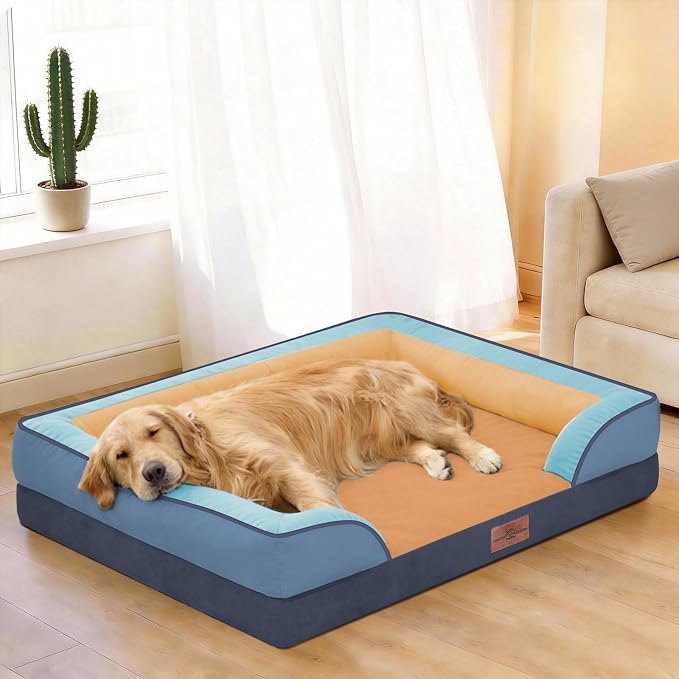 Comfort Expression Orthopedic Dog Bed for Extra Large Dogs 42x30 Inch, Waterproof Egg Crate Foam XL Pet Bed with Bolsters, Dog Couch with Washable Cover & Non-Slip Bottom, Golden Harbor