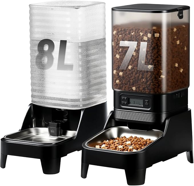 Marchul 7L Automatic Cat Feeder and 8L Automatic Gravity Pet Water Dispenser with Patented Faucet, Stainless Steel Bowl, Adjustable Elevated Base, Battery Operated, Timed Feeder