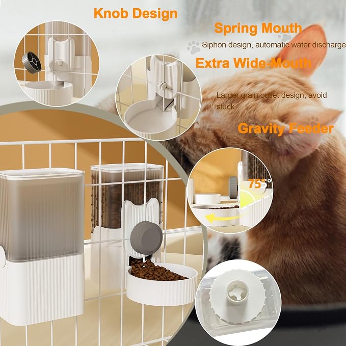 Lemtrflo Rabbit Feeder for Cage,Hanging Automatic Cat Feeder and Water Dispenser,Ferret Cage Accessories,Food Water Bowl for Cats Rabbit Guinea Pig Cages(Cage Grid Spacing Over 1.2'')