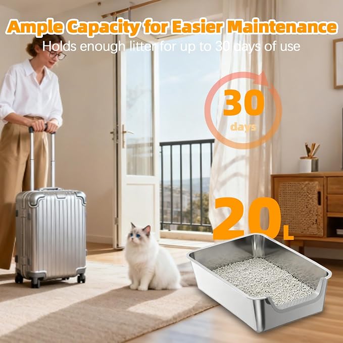 Stainless Steel Litter Box,Extra Large Metal Cat Litter Box with High Sides for Indoor Big Cats,Jumbo XL Washable Kitty Litter Boxes with Low Entry for Kittens&Senior Cats,Non Stick (Short-Side Entry)
