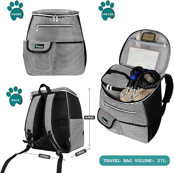 PetAmi Dog Travel Bag Backpack, 27L Airline Approved Pet Supplies Organizer with 2 Food Containers, 2 Collapsible Bowls & Poop Bag Dispenser, Weekend Road Trip Camping Dog Mom Gift, Stripe Black