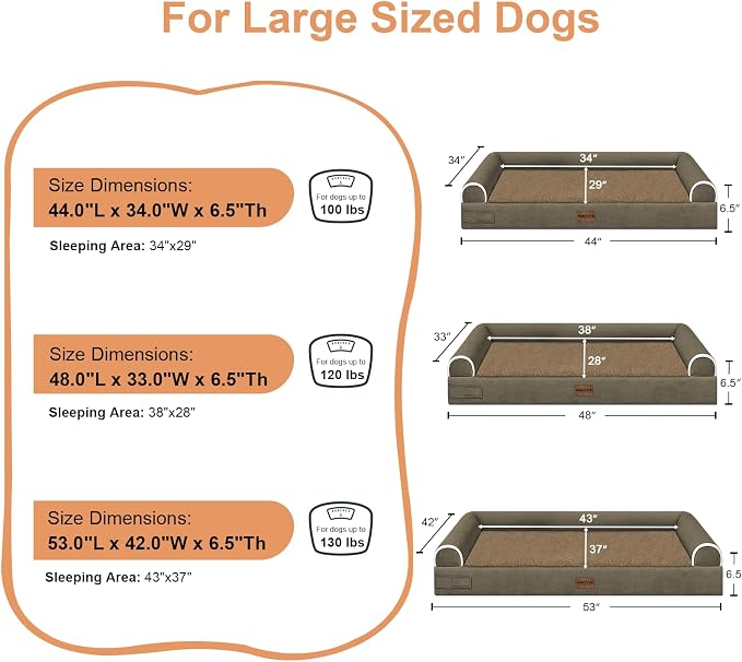 Large Dog Bed Orthopedic Washable: Jumbo Dog Bed Bolster Extra Large Dogs Egg Crate Foam Sofa Couch Waterproof Removable Cover - Brown