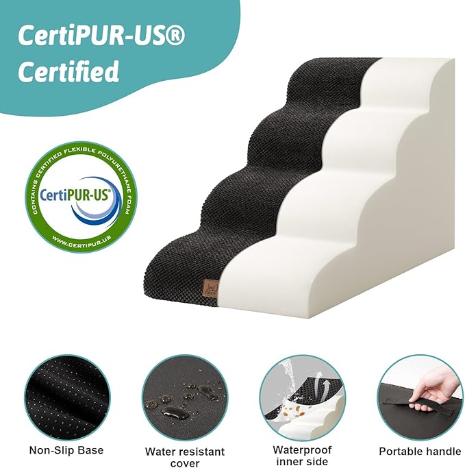 COZY KISS Wide Dog Stairs for Small Dog 19.7" H, Pet Step for Puppy, Older Cat, Curved Ramp for Bed, Durable Anti-Slip Ladder with High Density Foam, 4 Step, 17.7x28x19.7 inch, Black