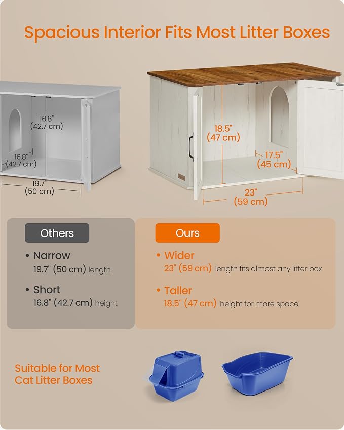 Feandrea Litter Box Enclosure, Modern Cat Litter Box Furniture Hidden, Front Entry, Double Doors, Handles, Cat House, Side End Table, 33.5 x 19 x 19.5 Inches, Honey Brown and Rustic White UPCL012K01