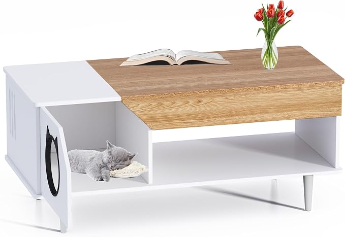 CuisinSmart 45" Cat Coffee Table with Cat House & Storage Drawer, Rustic Wooden Coffee Table, Hidden Litter Box Furniture with Cat Door for Living Room