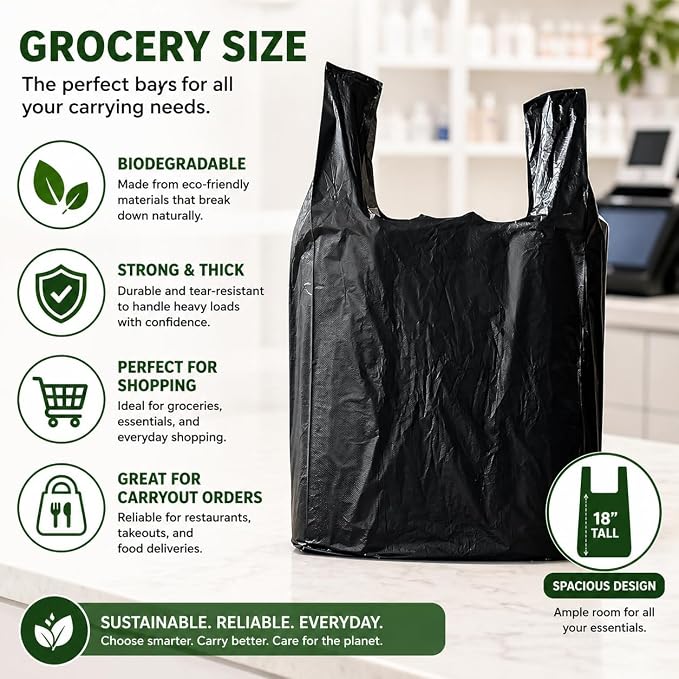 T-shirt Biodegradable Black Plastic Bag (600 ct.) Small Can Liners Thank You Grocery Shooping Size Doggy Poop Bags Compatible with Arm & Hammer Swivel Bin & Rake pooper scooper Multipurpose Bags