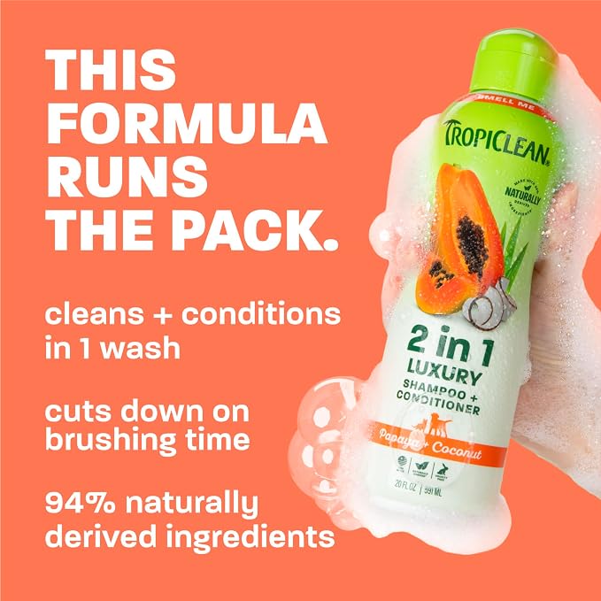 TropiClean 2-in-1 Dog Shampoo and Conditioner, Long Lasting Papaya Scent, Moisturizing Dog Detangler, Puppy & Kitten Safe, Made in the USA, 20oz.