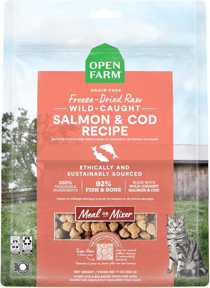 Open Farm, Freeze Dried Raw Cat Food, Complete Meal Morsels or Cat Treats with 92% Meat, Organs & Bone, Wild-Caught Salmon & Cod Recipe, 9oz Bag