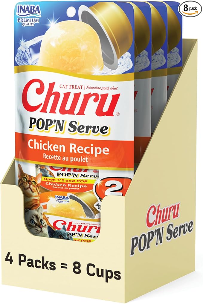 INABA Churu Pop'N Serve Jelly Cat Treat with Vitamin E & Taurine, 1.2 Ounce Cup, 8 Cups, Chicken Recipe