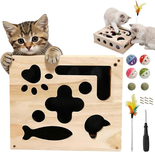 Cat Nail Care Enrichment Box, Interactive Cat Activity Box with 4 Bell Balls, 2 Catnip Balls & 1 Feather Wands, Natural Claw Care & Boredom Relief for Indoor Cats