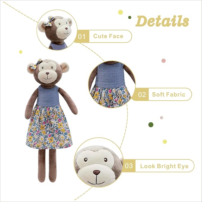 Monkey Stuffed Animals for Girls,15.7" Girl Monkey Plush with Skirt,Cute Stuffed Animal for Girls As Birthday, Easter,Christmas,Valentine's Day Gift