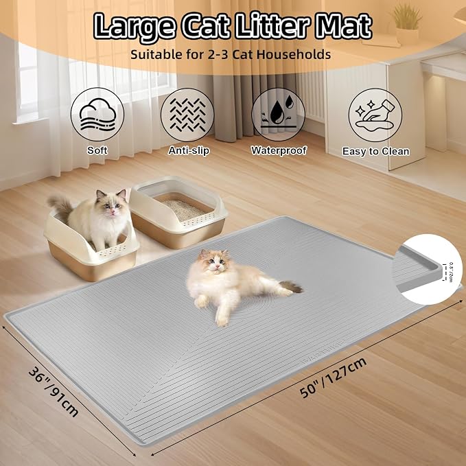 Silicone Cat Litter Mat, 50" x 36" Extra Large Litter Trapping Mat for Litter Box, Leak-Proof, Non-Slip, Kitty Litter Mats with Soft Texture for Floor, Keeping The Floor Clean (Light Grey)