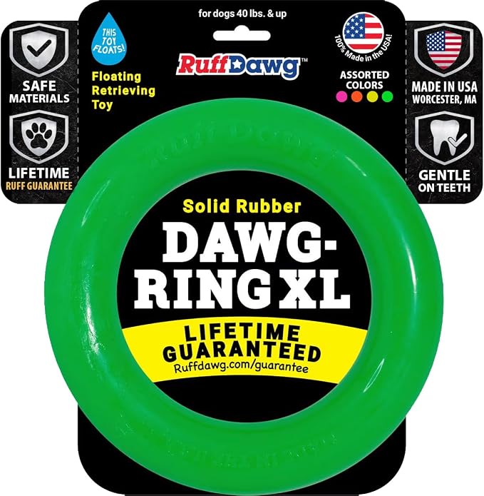 Ruff Dawg Indestructible Dawg-Ring XL 8” 1pc Color Varies – Heavy-Duty Solid Rubber Tug & Fetch Toy for Dogs 40 lbs & Up – Floats & Bounces – Made in USA