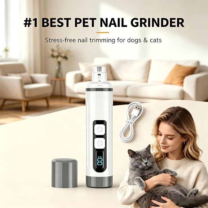 Dog Nail Grinder Quiet- 3-Speed Dog & Cat Nail Grinder with LED Light & Battery Display & Upgrade Grinding Head - Painless Nail Trimmer for Small to Large Pets, Thick Nails, and Sensitive Paws