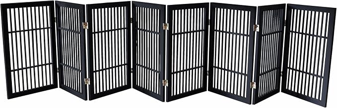 Urnporium Pet Dog Gate Freestanding, Strong Durable Folding Wooden Fence, Portable Acacia Hardwood Safety Barrier for Indoor & Outdoor Use (Black Pet Gate, 8 Panel 30" Tall)