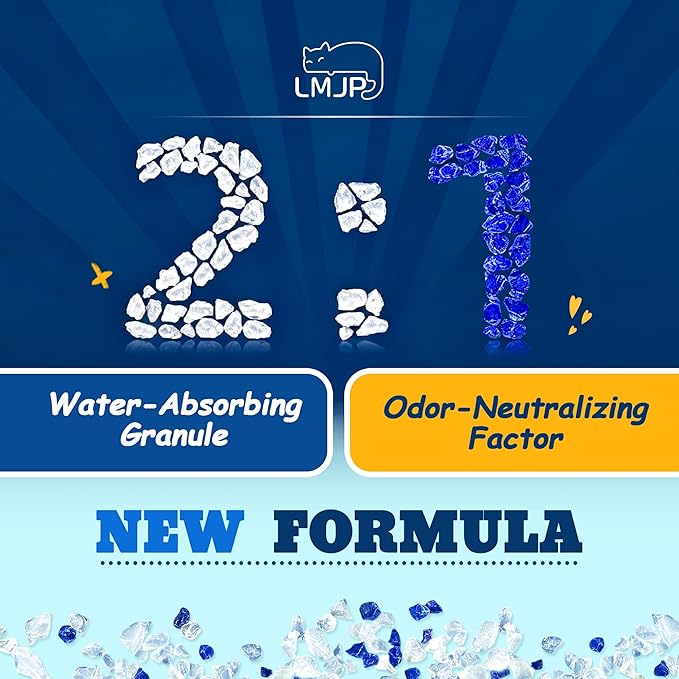 LMJP Crystal Cat Litter with Powerful Odor Control, Non-Clumping, Lasts Up to 6 Months, 24lb, Rapid Water Absorption, Unscented & Low Tracking Lightweight Blue & White Silica, 3 Pack of 8 lb