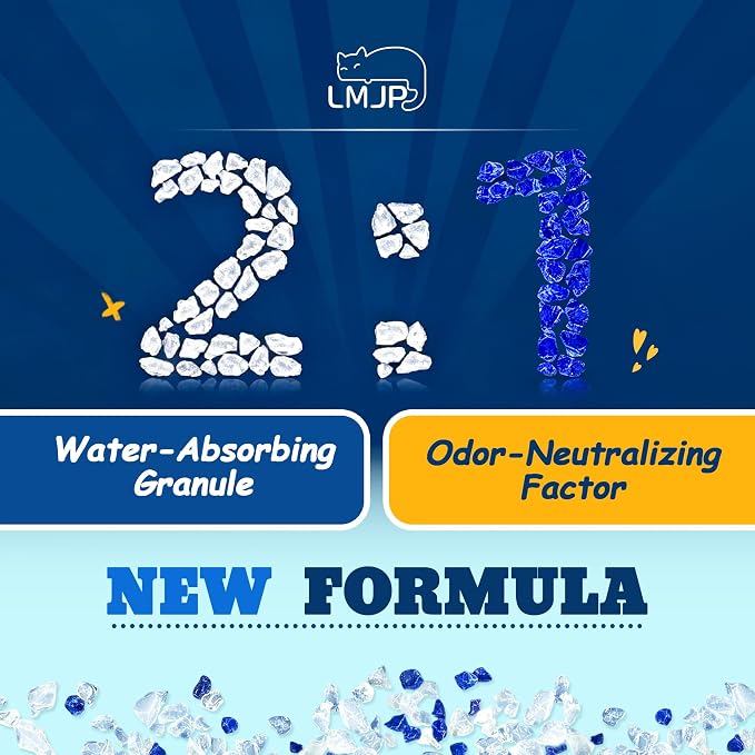 LMJP Crystal Cat Litter with Powerful Odor Control, Non-Clumping, Lasts Up to 4 Months, 17.2lb, Rapid Water Absorption, Unscented & Low Tracking Lightweight Blue & White Silica, 4 Pack of 4.3lb