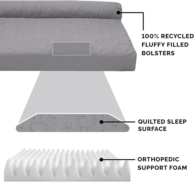 Furhaven Orthopedic Dog Bed for Large Dogs w/ Removable Bolsters & Washable Cover, For Dogs Up to 95 lbs - Pinsonic Quilted Paw L Shaped Chaise - Titanium, Jumbo/XL