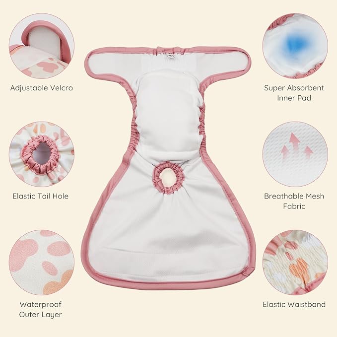 BELLA & PAL Washable Dog Diapers Female, 3 Pack Highly Absorbent Dog Diaper, Leak-Proof Diaper for Dog Female in Heat, Period, Incontinence, Excitement Pee (Pink Delight, L (19-25" Waist))