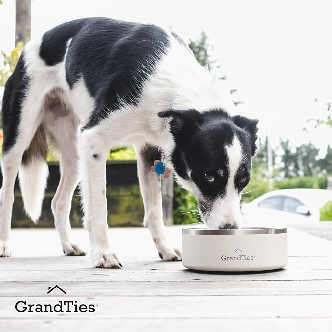GrandTies Stainless Steel Engraved Pet Bowl | Reusable BPA-Free Insulated Pet Bowls | Large Heavy Duty Non Skid Spill Proof Dog Bowl | Outdoor Dog Water Bowl (24oz, Ivory White)