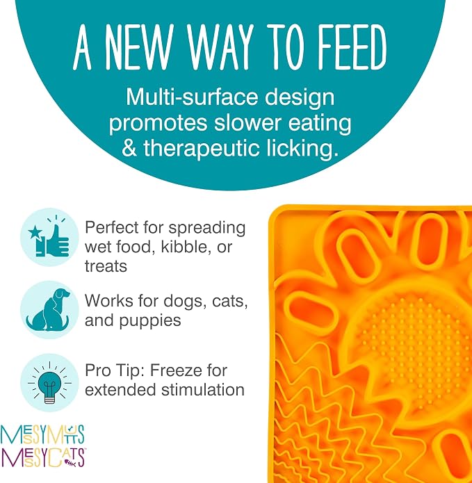 Messy Mutts and Cats Framed Silicone Multi-Surface Lick Mat | 9.5” x 9.5“ | Slow Feeder Mat for Boredom & Anxiety | Interactive Lick Pad for Dogs and Cats | Orange
