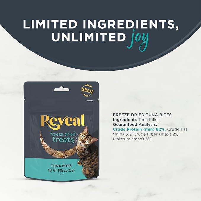 Reveal Tuna Freeze Dried Cat Treats 8-Pack, Single Ingredient, Grain Free, High Protein, Natural Cat Treats for Training, No Fillers, No Artificial Additives (8 x 0.88 oz Bags)
