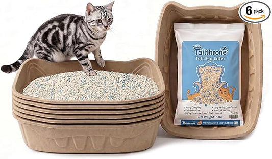 Disposable Cat Litter Boxes for Cats Large, 6 Pack Leak-Proof Disposable Litter Box Kit with 6lbs Tofu Cat Litter, 95% Bamboo Fiber, Durable for Travel, Temporary Use & Home