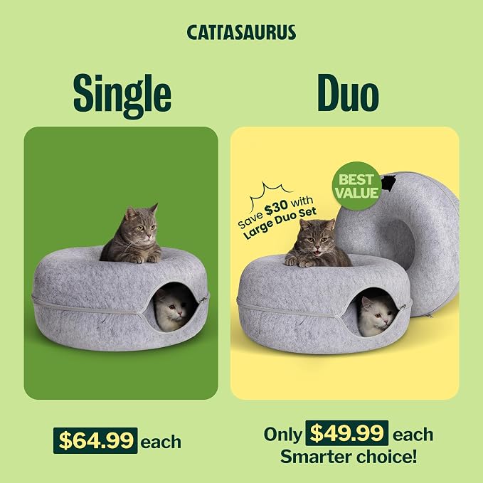 Cattasaurus Peekaboo Cat Cave Donut for Multiple & Large Cats up to 30-45 lbs, 3-in-1 Self Warming Cat Bed, Tunnel & Scratcher for Indoor Cats, Washable & Detachable (Light Gray + Light Gray, Large)