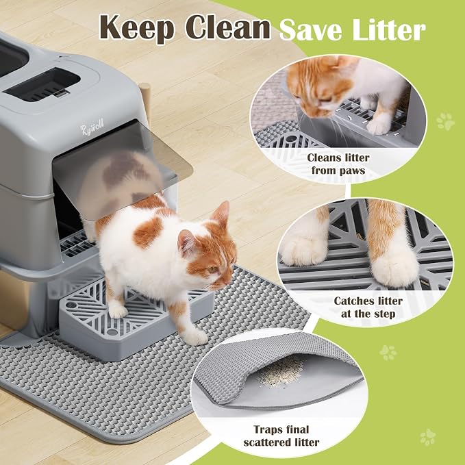 Rywell Stainless Steel Litter Box with Lid XL,120° Flip Cover Stainless Steel Litter Box with Litter Scoop and Litter Mat, Odor Control,Anti-Leakage, Non-Stick, Easy to Clean