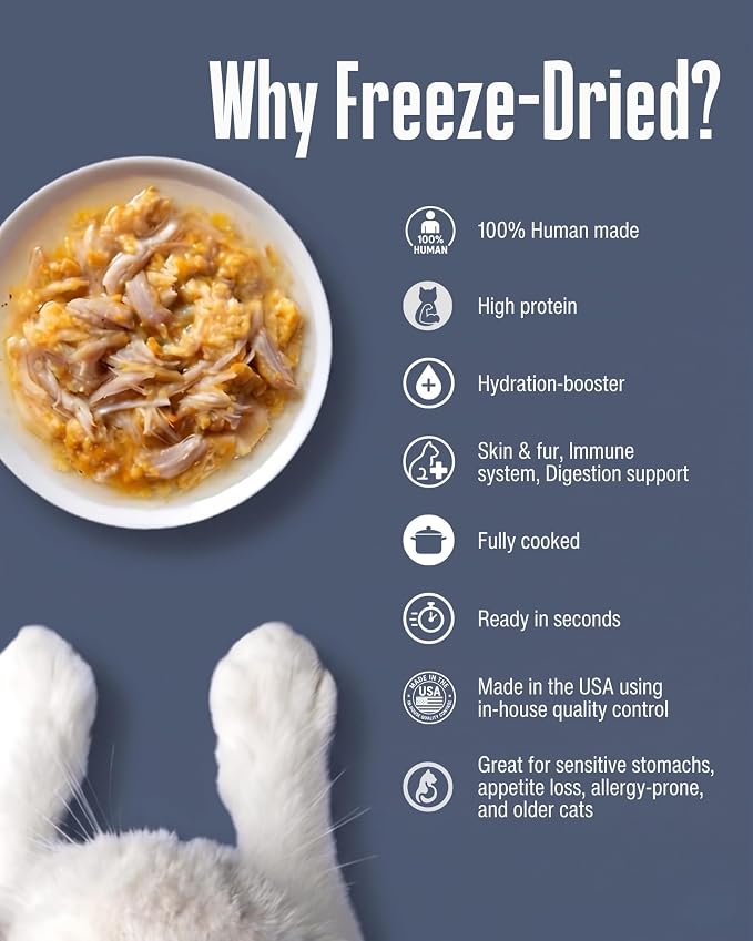 Whole Life Cat Freeze Dried Cat Food - Human-Grade Wet Food Toppers, Snacks & Lickable Treats, Instantly Hydrating Natural Broth Just Add Water - Shredded Tuna, 4.5 Oz
