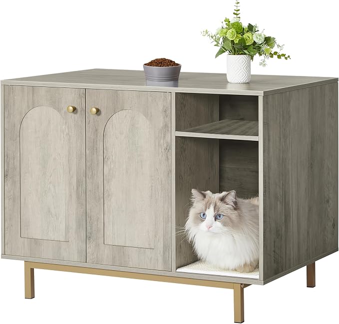 Hzuaneri Cat Litter Box Enclosure Enclosed, Hidden Litter Box Cabinet Furniture with Storage, Wooden Indoor Cat House Large, Modern End Table for Living Room Entryway, Greige and Gold CB01505G