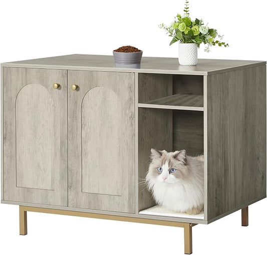 Hzuaneri Cat Litter Box Enclosure Enclosed, Hidden Litter Box Cabinet Furniture with Storage, Wooden Indoor Cat House Large, Modern End Table for Living Room Entryway, Greige and Gold CB01505G