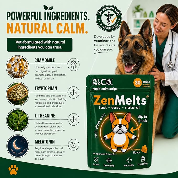Calming Strips for Dogs – Fast-Acting Anxiety Relief & Sleep Support with Melatonin and Chamomile - Dog Calming Chews Alternative, Helps Reduce Stress During Fireworks & Travel (30 Pack)