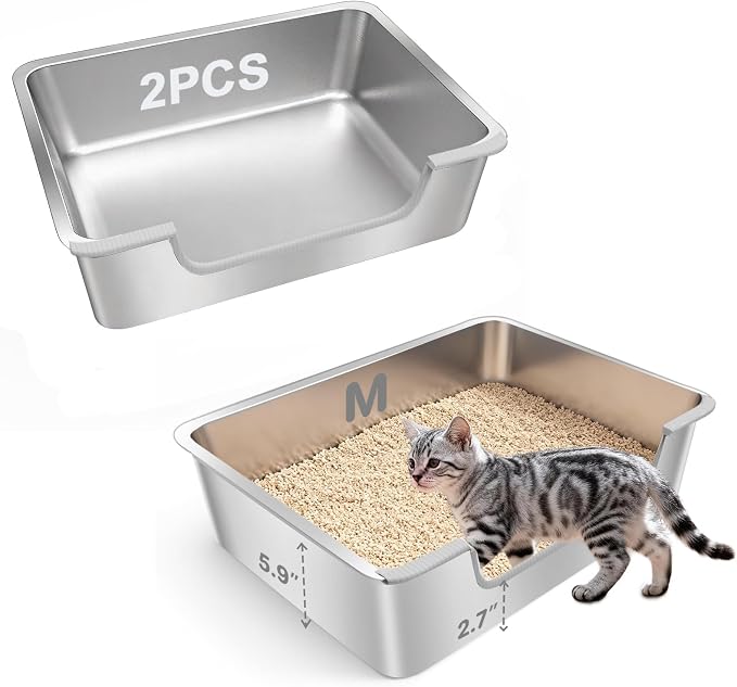 2-Pack Low Entry Litter Box for Senior Disabled & Injured Cats, Stainless Steel High Sided Enclosed Easy Step in Entry-Metal Kitty Litter Box for Kittens, Odor Control (17.7"x13.8"x5.9")