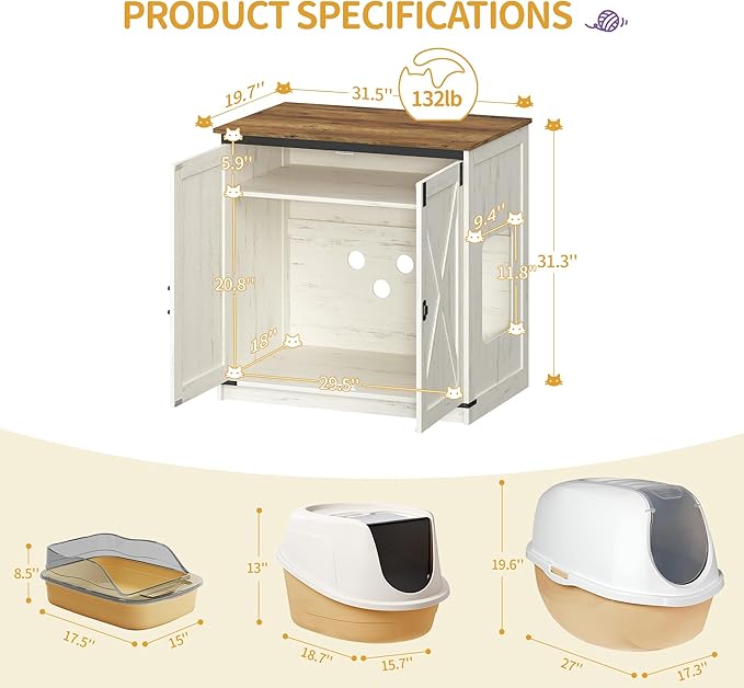 Hzuaneri Cat Litter Box Enclosure Enclosed, Hidden Litter Box Furniture Cabinet Large, Wooden Indoor Cat House with Adjustable Shelf for Top Entry Litter Box, Farmhouse Rustic Brown and White CB85414X
