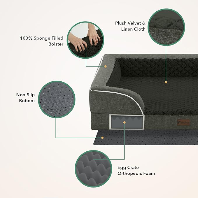 Orthopedic Dog Beds for Medium Sized Dogs 35x22 Inch, Medium Waterproof Memory Foam Dog Sofa Bed with Removable Washable Cover Pet Couch with Bolster, Dark Green