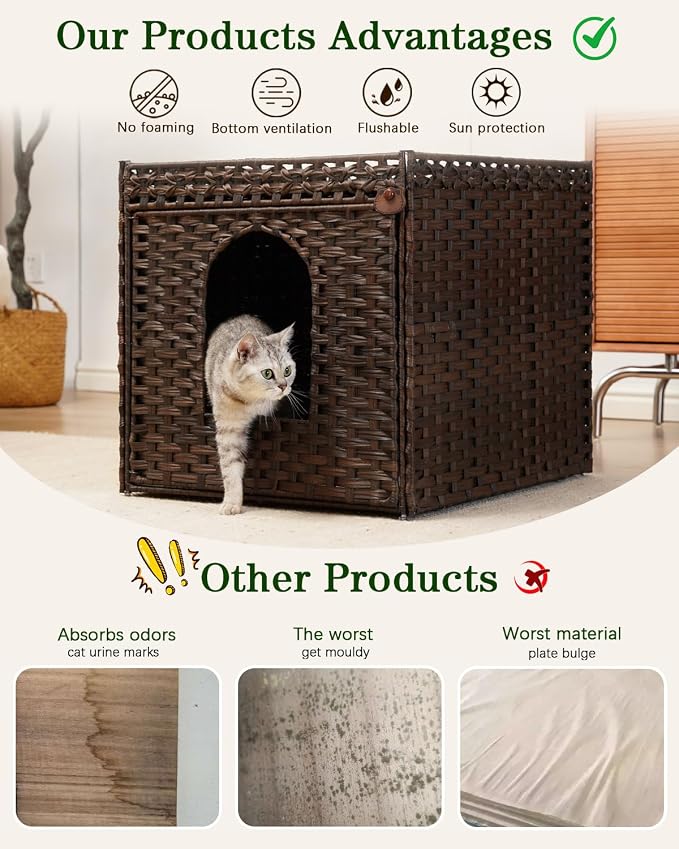 SETVSON Cat Litter Box Enclosure Furniture, Large Hidden Litter Box Furniture, Handwoven Rattan Cat House Cabinet, One Mat, Two S-Shaped Hooks, Living Room, Apartment 21.6 X 26 X 21.6 Inches, Brown