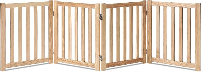 LZRS 4-Panel Wooden Free Standing Foldable Dog Gate Indoor – 24" High, Extra Wide Step-Over Safety Pet Gate for Doorways, Stairs, Hallways, Large Spaces & Playpen for Puppies Indoor Use, Natural