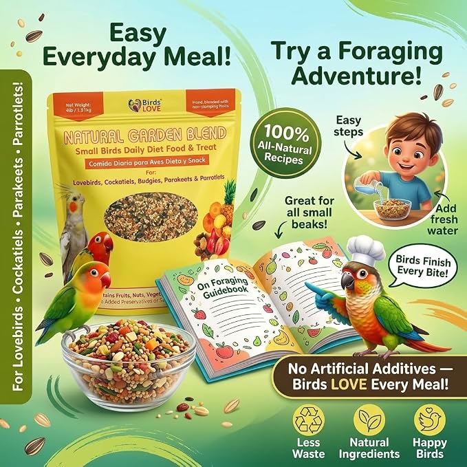 Birds LOVE Natural Garden Blend Bird Food for Small Birds, 4 lb - Hand Packed in USA, Natural Mix with Fruits, Seeds & Grains for Lovebirds, Cockatiels, Budgies & Parakeets