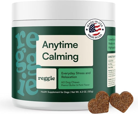 Reggie Anytime Calming Chews for Dogs | Dog Anxiety Relief with L-Theanine & Magnolia Barks | Dog Calming Treats for Separation Anxiety, Thunderstorms, Travel & Stress | 60 Soft Chews