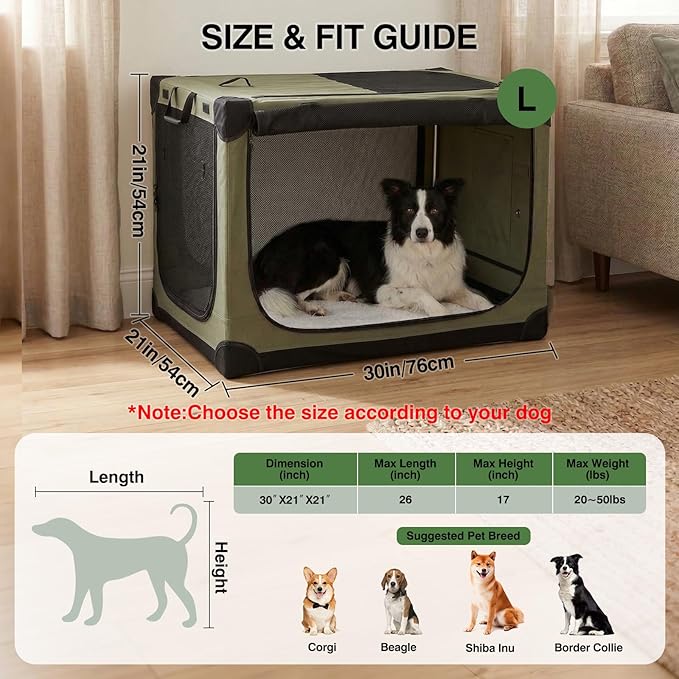 Veraste 30" L x 21" W x 21" H Collapsible Travel Dog Crate, Portable Soft Dog Kennel for Medium Dogs up to 45 lbs, 4-Door Foldable Travel Crate with Durable Mesh & Storage Bag, Green