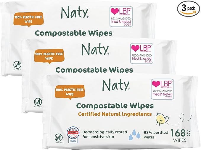 Naty Baby Wipes | 98% Water, Hypoallergenic & Natural for Sensitive Skin | Unscented, Plant-Based, Fragrance-Free | Plastic-Free & Compostable | Newborn & Toddler Diaper Wipes | 168 Count (3 Packs)