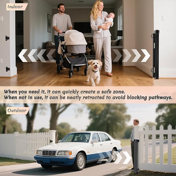 Miumoon 200 inch Retractable Baby Gates 37 inch Tall, Retractable Gate with Reinforced Strip Design to Prevent Crawling Through, 16 FT Outdoor Retractable Gates, Extra Wide Retractable Gate for Garage