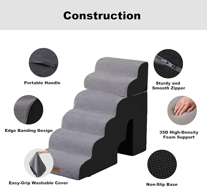 ZOMISIA Dog Ramp for High Beds - 29" H 6 Steps Pet Stairs for Large Dogs with Tunnel 2 in 1 with Zippers Suitable, Indoor Cat Ladders with Non-Slip Bottom, Black