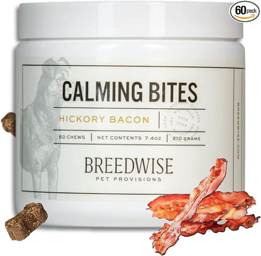 Breedwise Dog Calming Treats - Advanced Stress and Anxiety Relief Soft Chews with L-Theanine & Valerian Root - Non-Drowsy Formula for Storms, Separation & Travel - Hickory Bacon Flavor - 60 Count